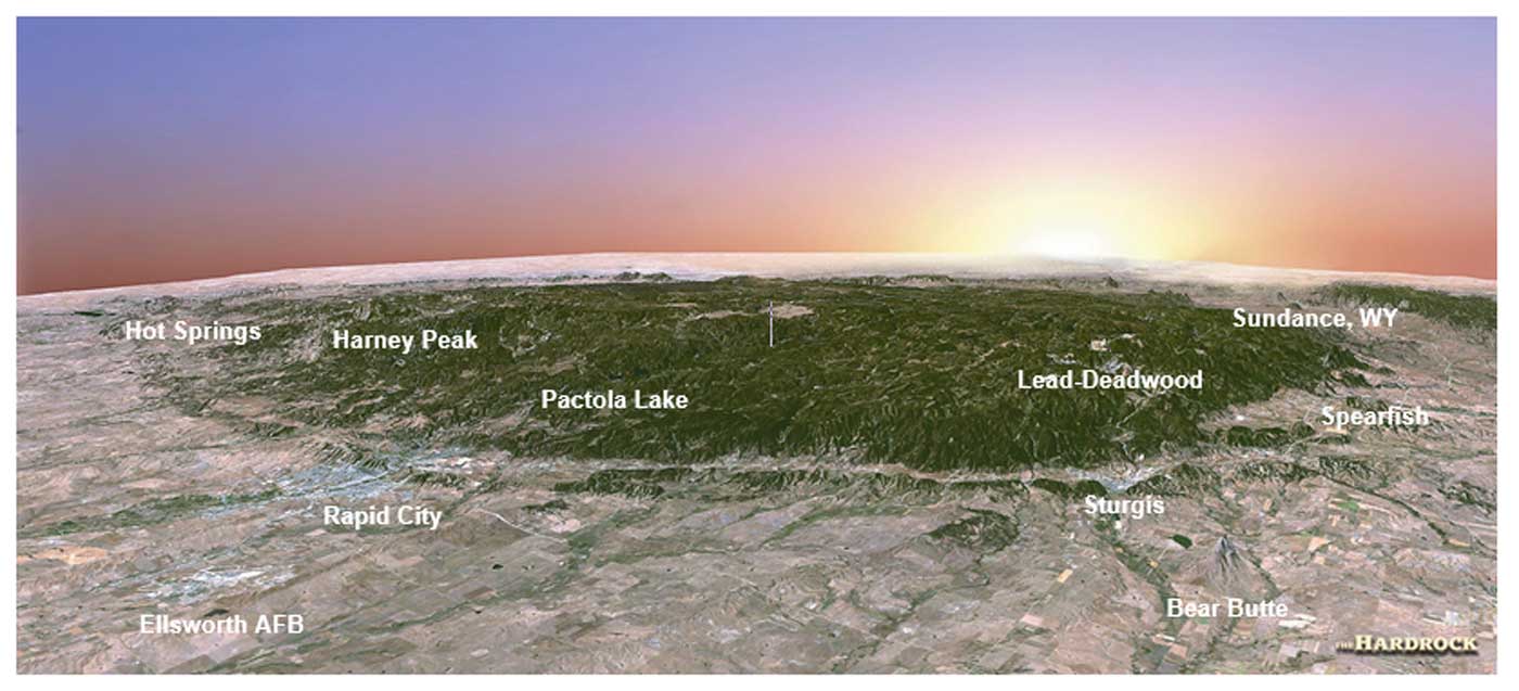 aerial landcape photograph of the black hills with key landmarks pointed out