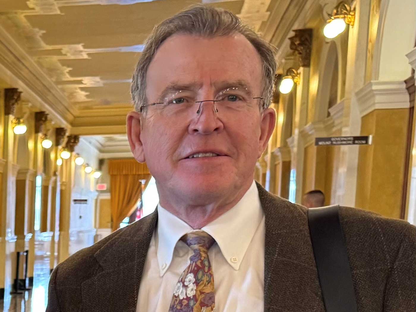 man wearing a suit standing in bronze and golden hallway of capital